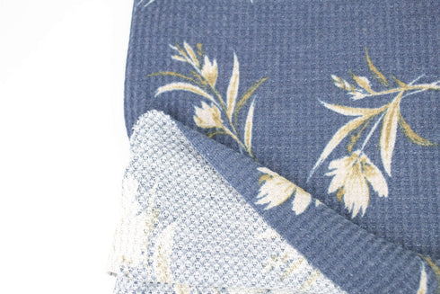 Blue Floral Waffle Thermal Sweater Knit Fabric Remnant 2 yards OSK01122