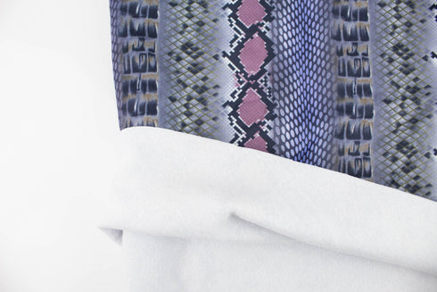 Blue Purple Digital Snake Print Polyester Knit with Fleece Back Fabric by the yard