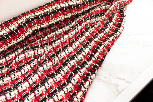 Red Cream and Black Loosely Woven Plaid Designer Fabric by the yard