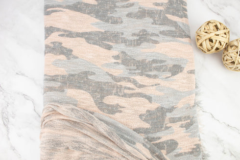 Light Peach Pink and Gray Camouflage Open Weave Sweater Knit Fabric 3 yards