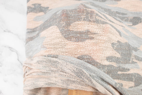 Light Peach Pink and Gray Camouflage Open Weave Sweater Knit Fabric 3 yards
