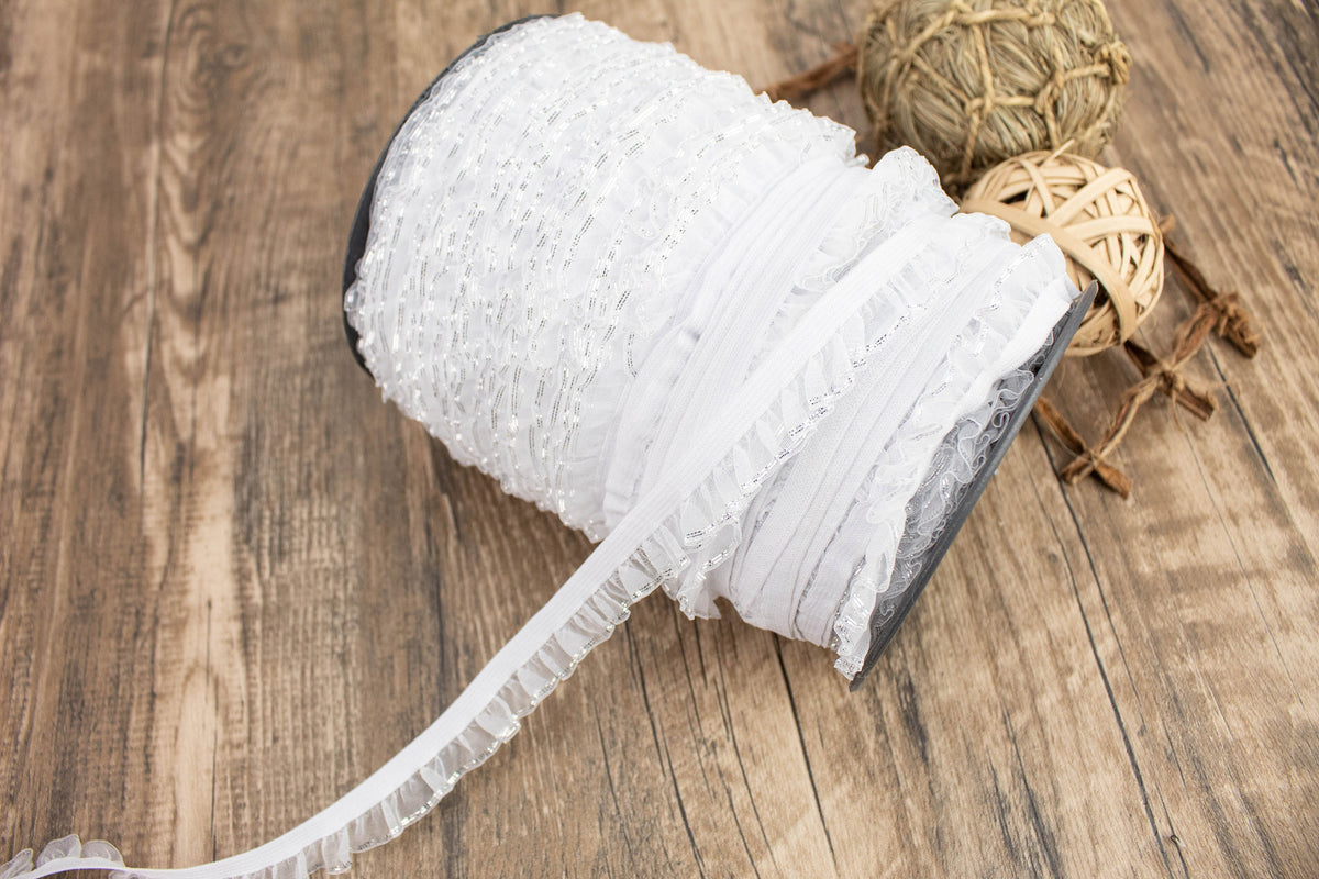 White and Metallic Silver Ruffle Elastic Trim 10 yards
