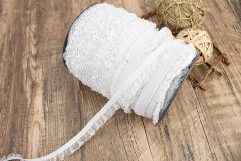 White and Metallic Silver Ruffle Elastic Trim 10 yards