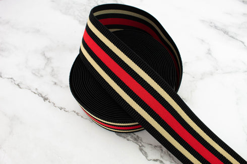 Black Beige and Red Fancy Stripe Elastic Trim Elastic Band 2-3/8 inches width by the yard