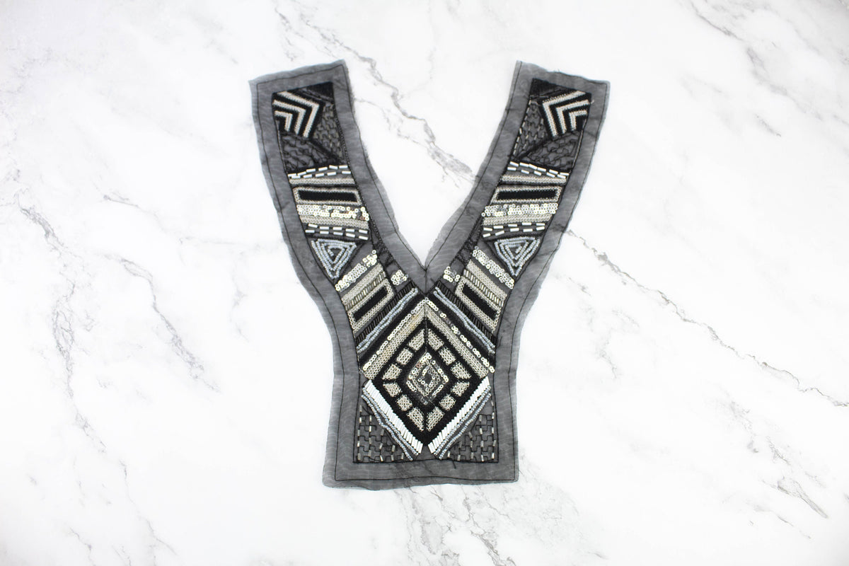 Black Neckline Yoke Beaded Applique