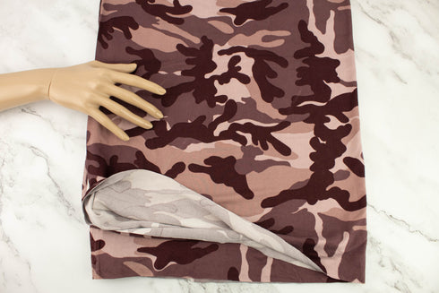 Maroon Camouflage Print Brushed Polyester Spandex Knit Fabric 32 inches length