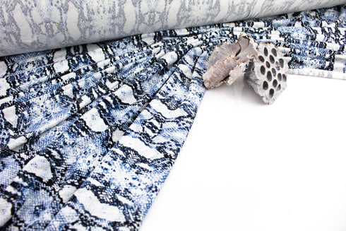 Blue Snakeskin Print Brushed Polyester Spandex Knit Jersey Fabric by the yard