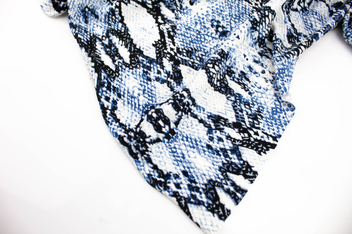 Blue Snakeskin Print Brushed Polyester Spandex Knit Jersey Fabric by the yard