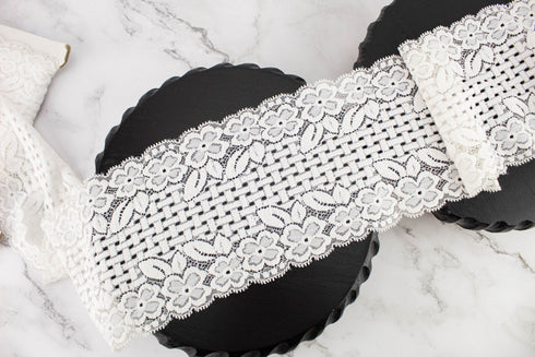 Off White Floral Stretch Lace Trim 5.25 inches width by the yard