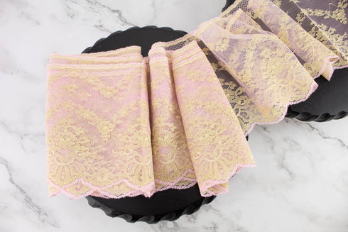 Pink and Champagne Gold Lace Trim Remnant 5.25 inches width x 5 yards