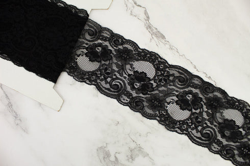 Black Floral Lace Trim Remnant 4 inches width x two pieces that total 5.5 yards