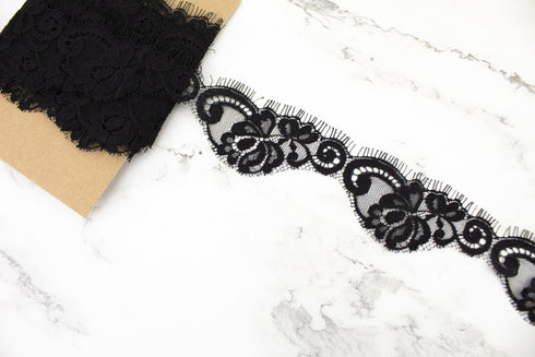 Black Scalloped Floral Lace Trim Remnant 2 inches width x 5 yards