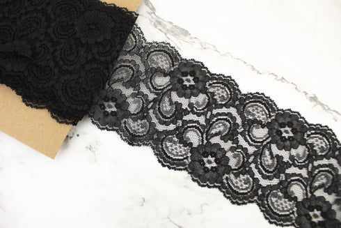Black Floral Lace Trim Remnant 3-7/8 inches width x 5 yards