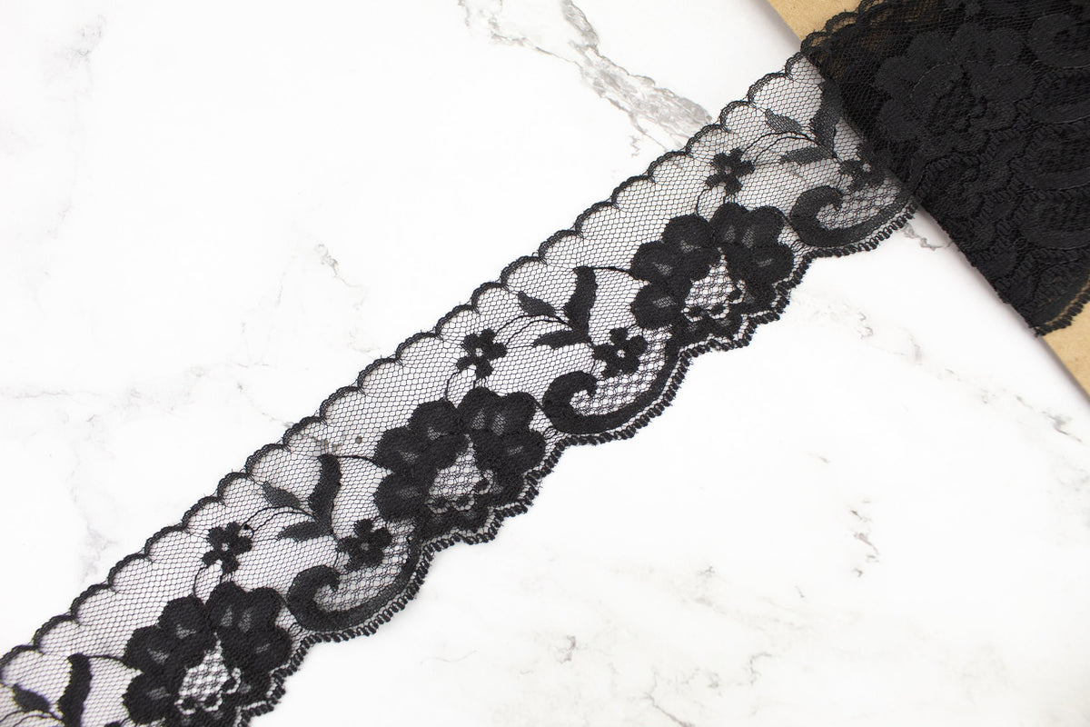 Black Floral Lace Trim Remnant 2-3/8 inches width x 4 yards