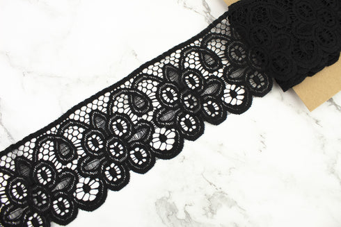 Black Floral Lace Trim Remnant 4 inches width x 5.5 yards