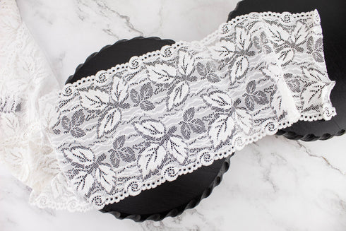 White Leaves Stretch Lace Trim 6.25 inches width by the yard
