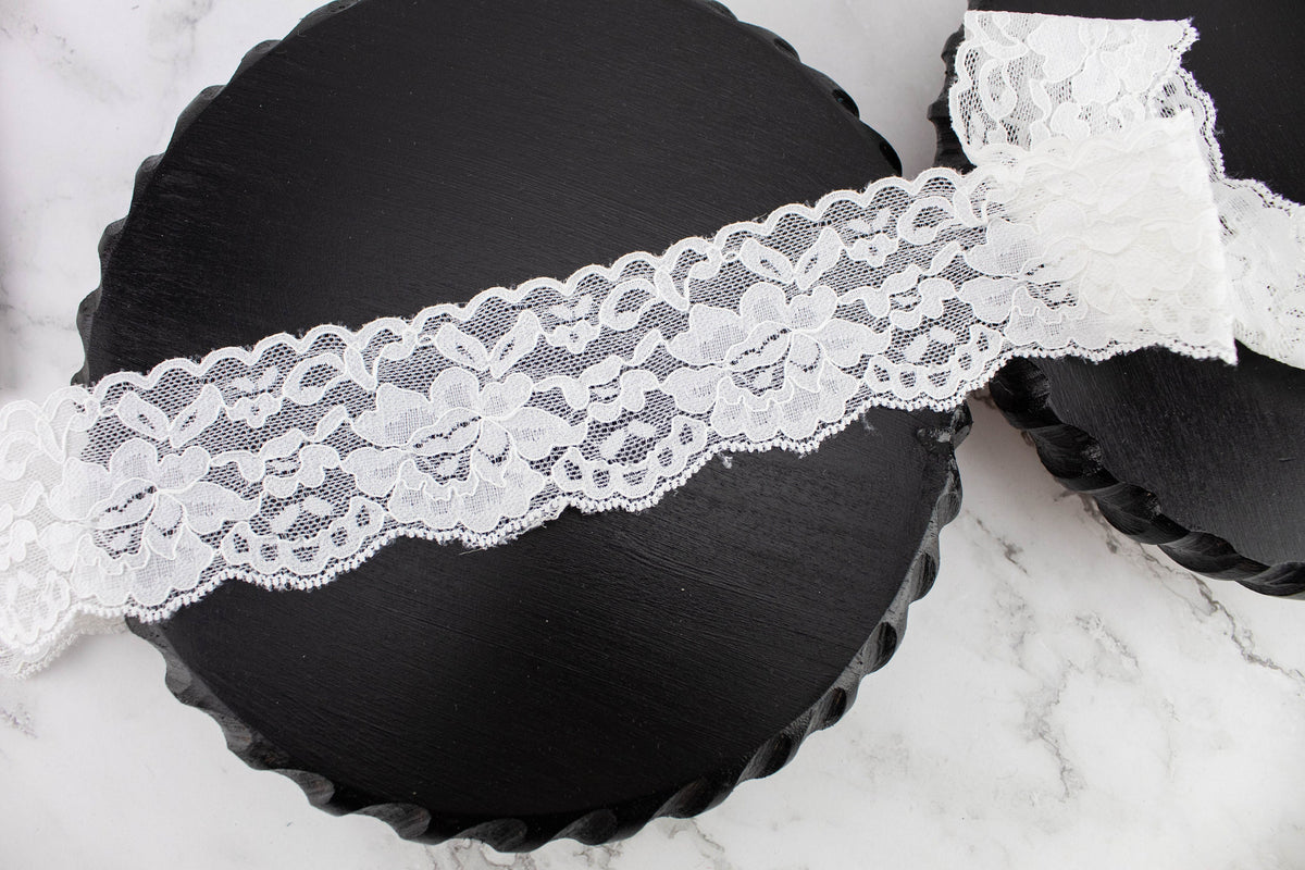 White Floral Stretch Lace Trim 2-3/8 inches width by the yard