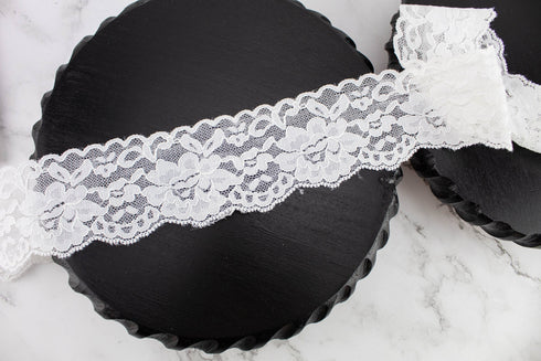 White Floral Stretch Lace Trim 2-3/8 inches width by the yard