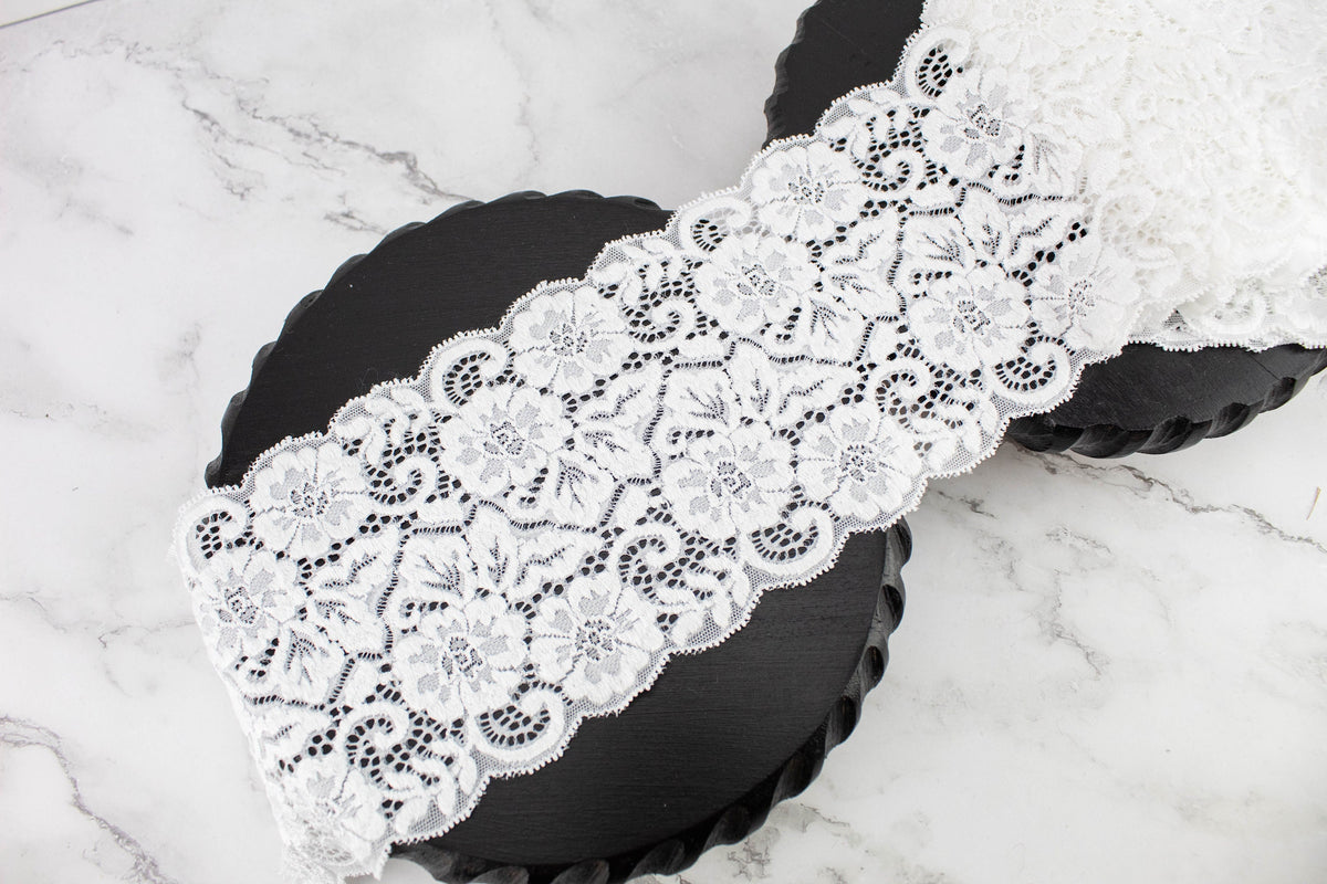 Off White Floral Satin Face Stretch Lace Trim Remnant 5.25 inches width x 3.5 yards