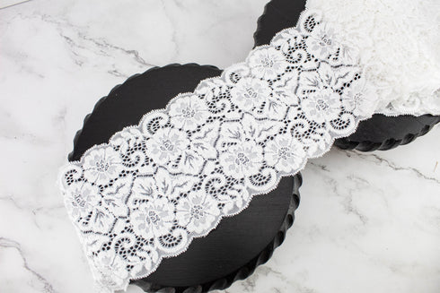 Off White Floral Satin Face Stretch Lace Trim Remnant 5.25 inches width x 3.5 yards