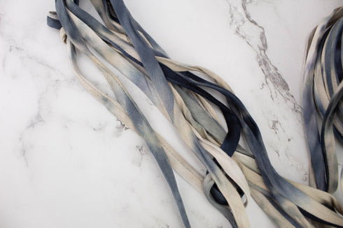 Blue and Beige Tie Dye Knit Jersey Trim Spaghetti Straps Hollow Tube Tubular Trim 10 yards