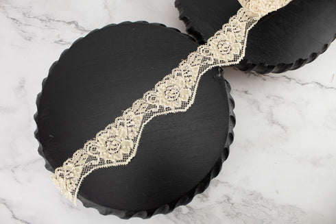 Light Beige Pearl and Sequined Stretch Lace Trim Remnant 1.75 inches width x 7.25 yards IMPERFECT