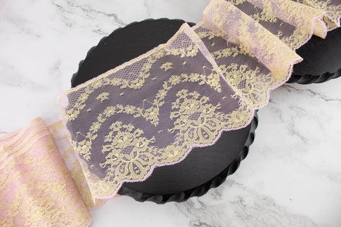 Pink and Champagne Gold Lace Trim Remnant 5.25 inches width x 5 yards