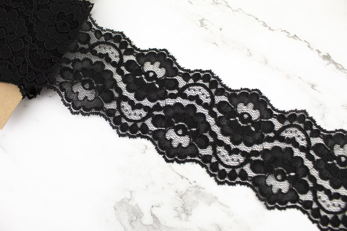 Black Floral Lace Trim Remnant 3-3/8 inches width x 4.75 yards