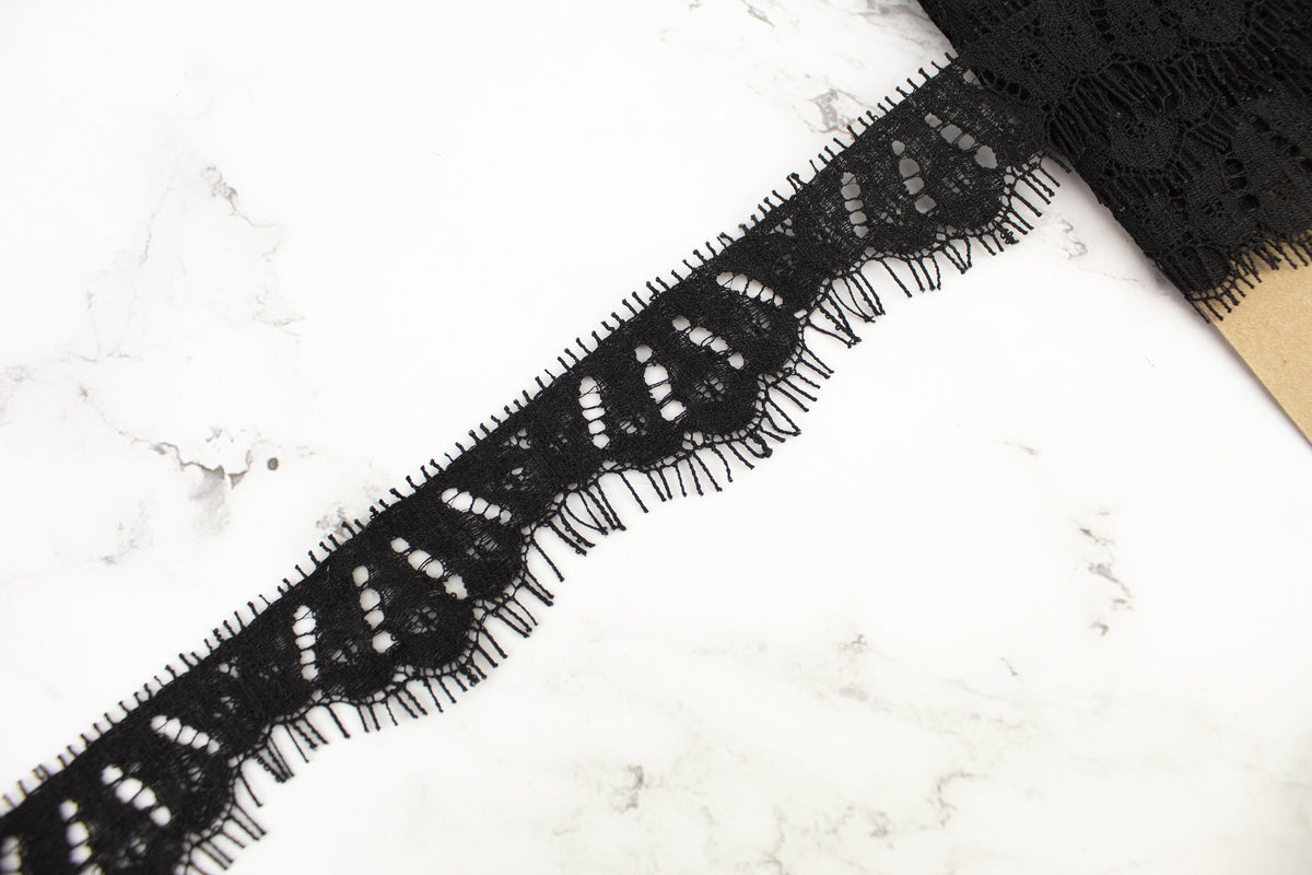 Black Scalloped Eyelash Lace Trim 1-3/8 inches width x 5 yards