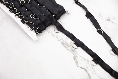 Nickel D Ring Tape Medium on Black Satin Trim by the yard