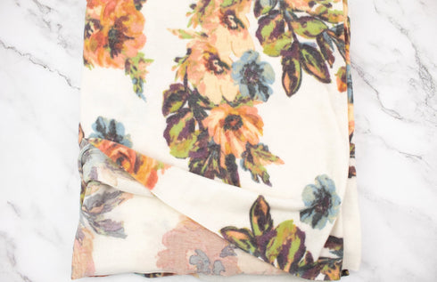 Peach Floral Brushed Sweater Knit Fleece Like Fabric Remnant 1.5 yards