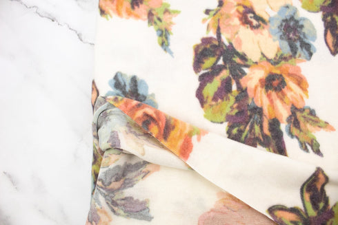 Peach Floral Brushed Sweater Knit Fleece Like Fabric Remnant 1.5 yards