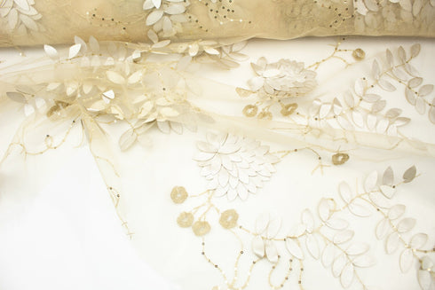 Champagne Gold 3D Floral Embroidery on Tulle Fabric Designer Fabric by the yard