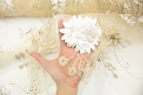 Champagne Gold 3D Floral Embroidery on Tulle Fabric Designer Fabric by the yard