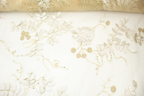 Champagne Gold 3D Floral Embroidery on Tulle Fabric Designer Fabric by the yard