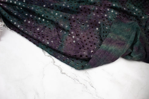 Dark Green and Purple Tie Dye Sweater Knit with Shiny Square Applique by the Yard