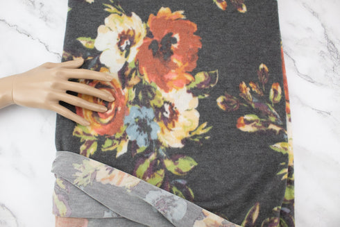 Gray Floral Brushed Sweater Knit Fleece Like Fabric Remnant 42 inches length