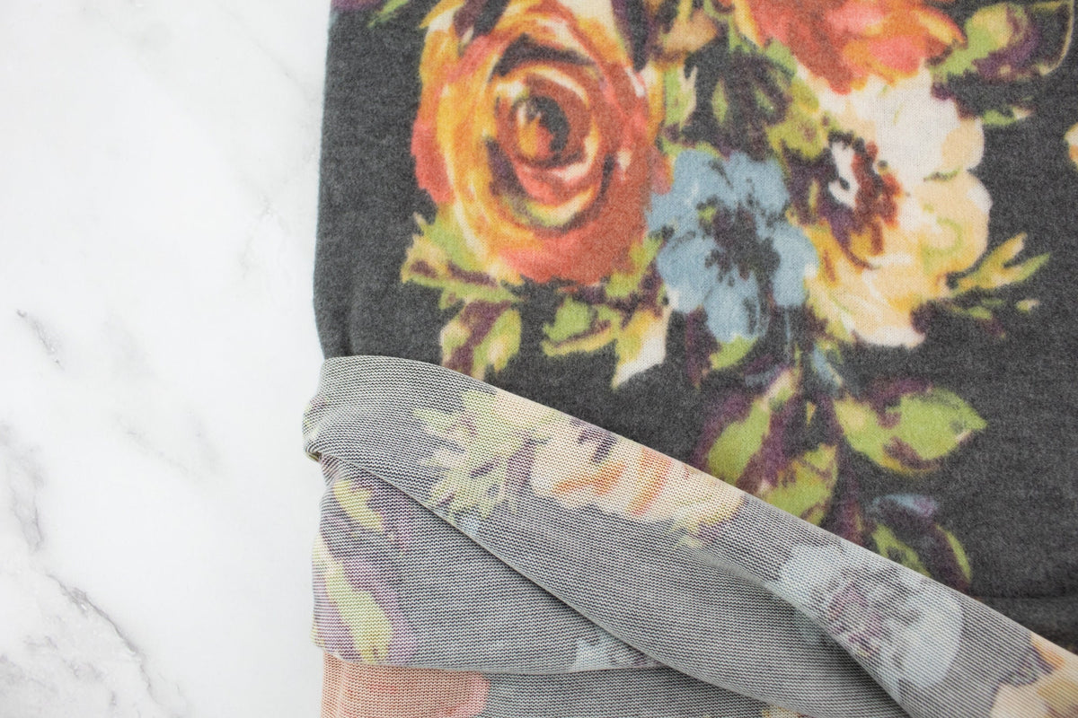 Gray Floral Brushed Sweater Knit Fleece Like Fabric Remnant 42 inches length