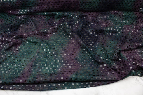 Dark Green and Purple Tie Dye Sweater Knit with Shiny Square Applique by the Yard