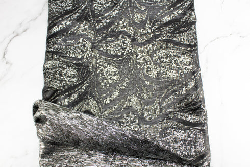 Black and Silver Modern Swirls Brocade Designer Fabric by the yard