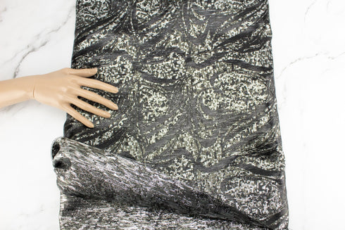 Black and Silver Modern Swirls Brocade Designer Fabric by the yard