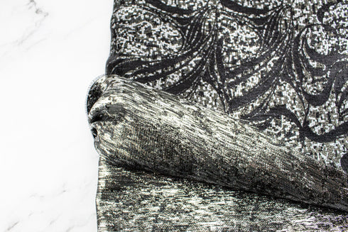 Black and Silver Modern Swirls Brocade Designer Fabric by the yard