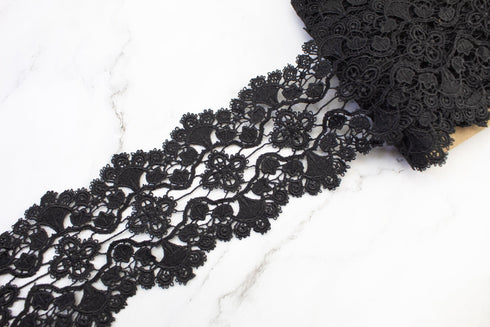 Black Floral Lace Trim Remnant  4 inches width x 5 yards