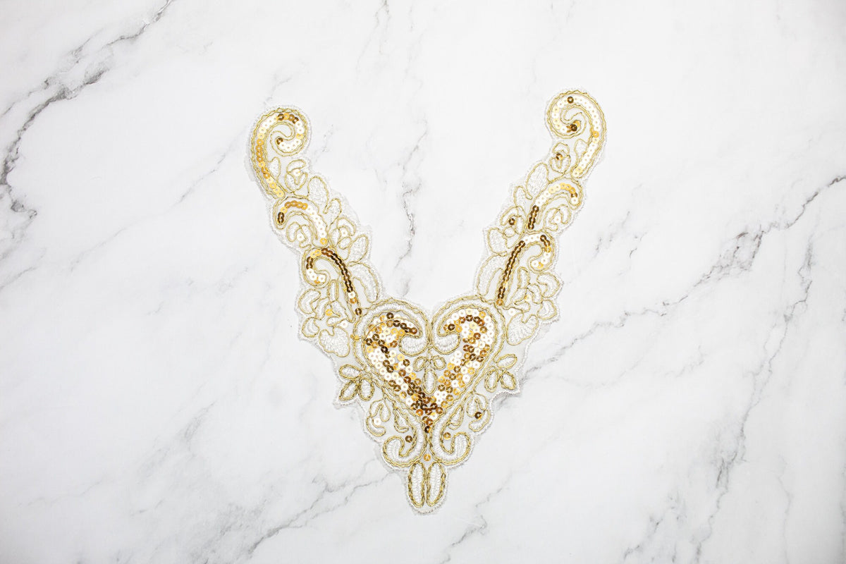 Gold and White Sequined Lace Applique