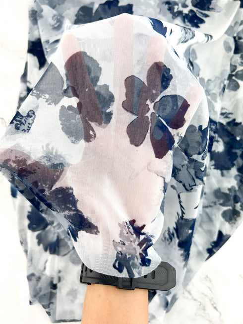 Navy and White Floral Mesh Fabric Remnant 2 yards total with uneven width MNT00017