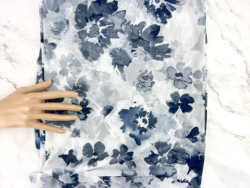 Navy and White Floral Mesh Fabric Remnant 2 yards total with uneven width MNT00017