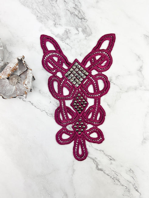 Burgundy Lace Applique with Rivets APP00439