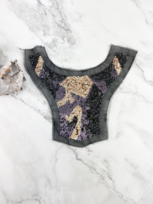 Black Purple and Gold Sequined Applique APP00448