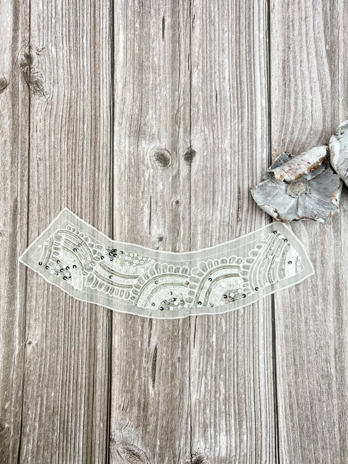 White Beaded and Sequined Embroidered Neck Applique APP00443