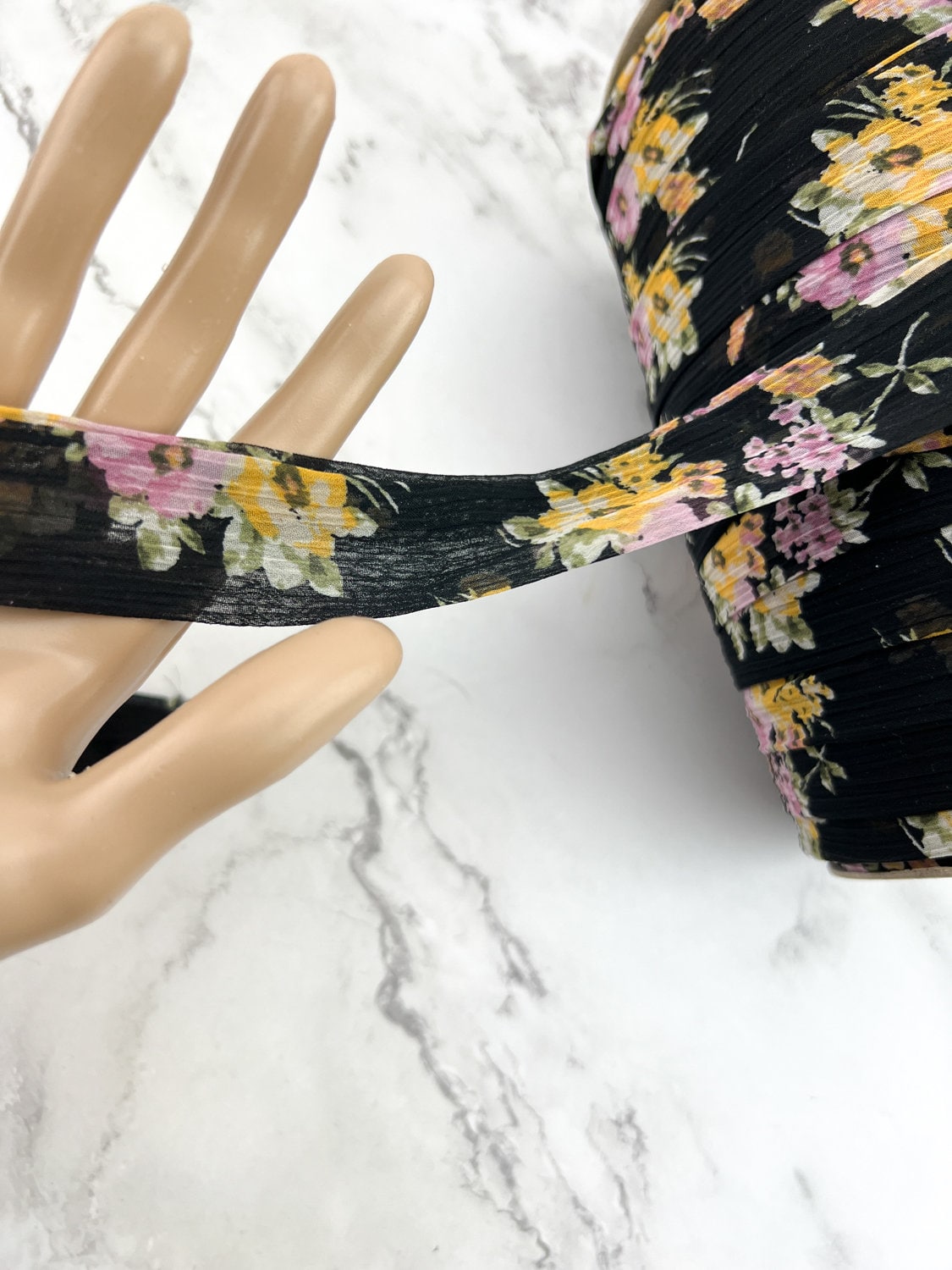Black Pink and Yellow Floral Crinkle Chiffon Flat Trim Ribbon Straps Hollow Tube Tubular 10 yards